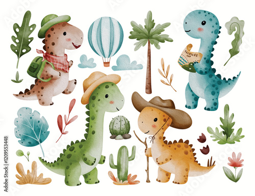 Watercolor Illustration Set of Dinosaurs and Nature Elements