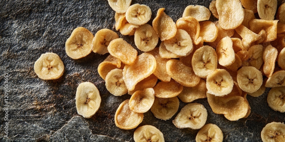 Dried banana chips scattered on a textured dark stone surface with warm brown and yellow tones creating a natural, rustic food background. Dried banana chips scattered on a textured dark stone surface with warm brown and yellow tones creating a natural, rustic food background.
