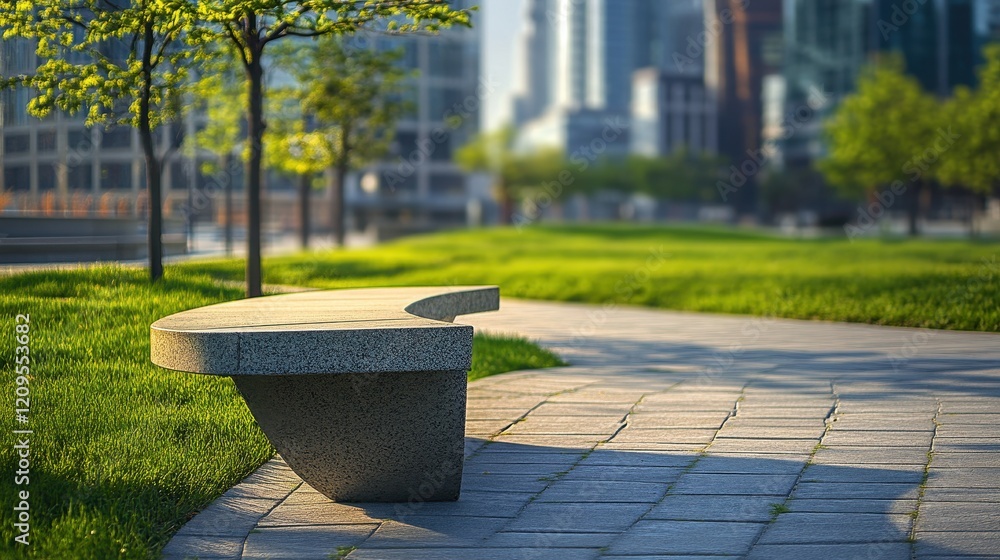 Modern Bench in Urban Park Setting Modern Bench in Urban Park Setting