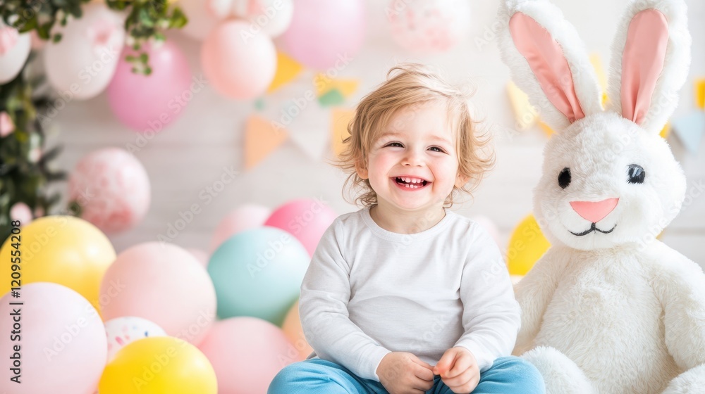 Easter Bunny Fun: A happy little toddler with a big smile and bright eyes, nestled amongst a vibrant array of pastel balloons, enjoys a playful moment with a fluffy Easter bunny. Easter Bunny Fun: A happy little toddler with a big smile and bright eyes, nestled amongst a vibrant array of pastel balloons, enjoys a playful moment with a fluffy Easter bunny.