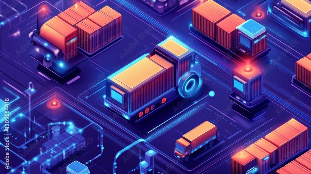 Isometric trucks and cargo containers with glowing lines. Isometric trucks and cargo containers with glowing lines.