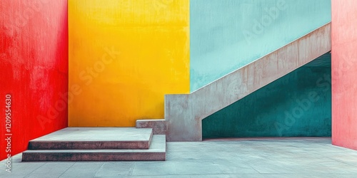 Colorful abstract architectural scene featuring a red, yellow, and teal wall with prominent concrete stairs on the left side creating depth. photo