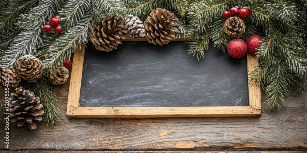 Fototapeta premium Christmas tree decorations on antique wooden blackboard with pinecones and red ornaments surrounded by frosted evergreen branches ample copy space