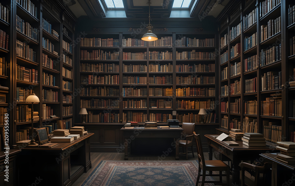 bookshelf in a dark university library room with old books and a cozy atmosphere
bookshelf in a dark university library room with old books and a cozy atmosphere
