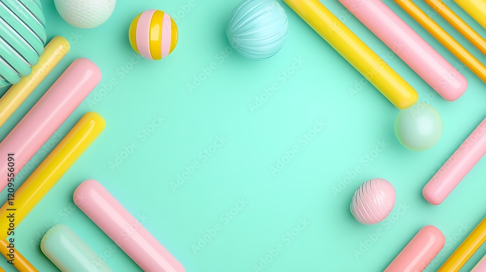 Colorful Pastel Balls and Sticks on a Vibrant Teal Background for Playful Designs and Creative Projects Colorful Pastel Balls and Sticks on a Vibrant Teal Background for Playful Designs and Creative Projects