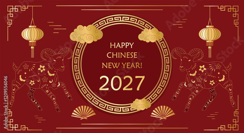 Chinese luxury traditional pattern golden round frame with goats, Chinese gold fan, Asian ornaments and lanterns red background. Greeting vector card template. Lunar New Year 2027