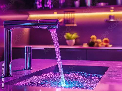 Futuristic faucet design with vibrant water flow in modern kitchen setting showcasing sleek metallic finish and dynamic lighting effects photo