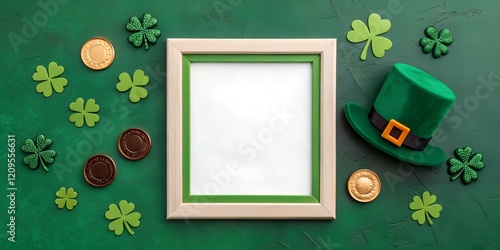  Blank wooden frame styled with a green leprechaun hat, shamrocks, and gold coins on a textured green background. Ideal for holiday-themed mockups or Irish celebrations.