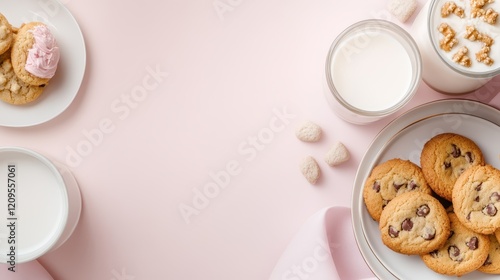 Pink Delight: Sweet Treats and Milk: A delightful flat lay showcasing an arrangement of chocolate chip cookies with quirky faces, alongside glasses of milk and a plate of cookies with pink frosting. photo