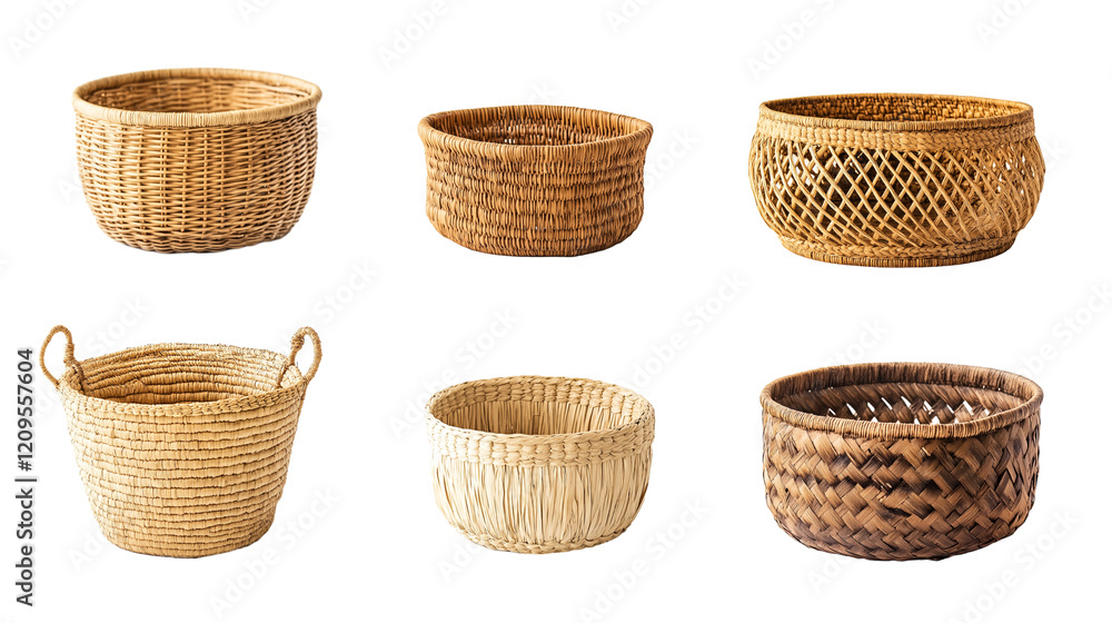 Set of handwoven baskets isolated on transparent background Set of handwoven baskets isolated on transparent background