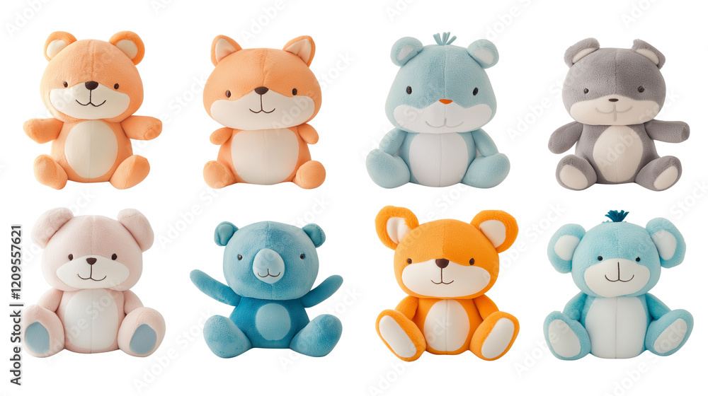 Set of soft kids plush toys isolated on transparent background Set of soft kids plush toys isolated on transparent background