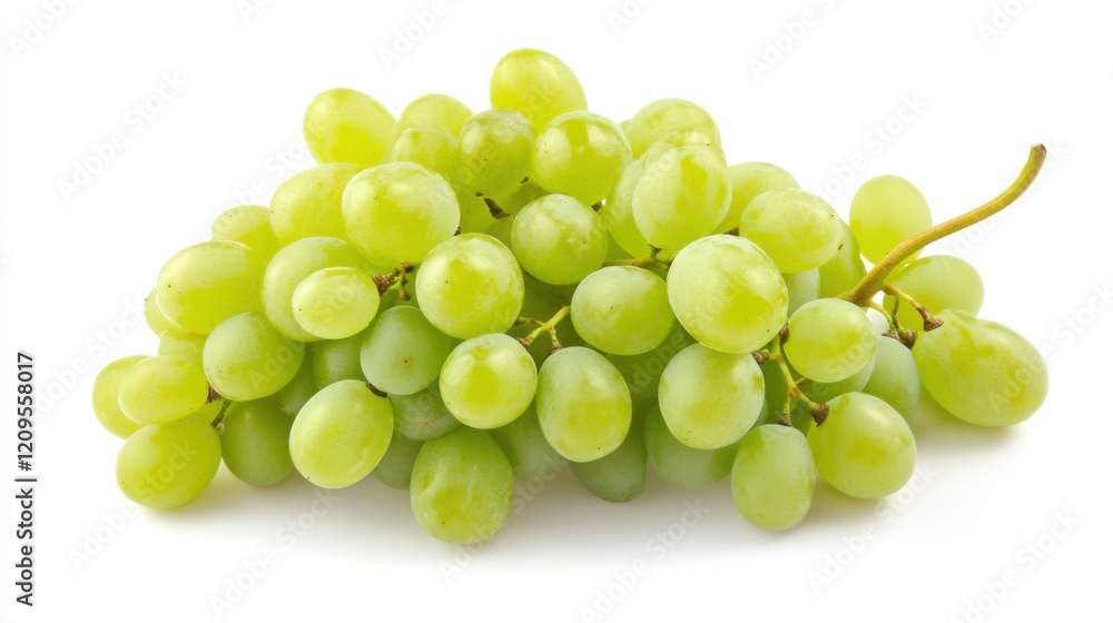 A cluster of fresh, green grapes still attached to their vine, Their crisp texture and juicy interiors awaiting discovery A cluster of fresh, green grapes still attached to their vine, Their crisp texture and juicy interiors awaiting discovery