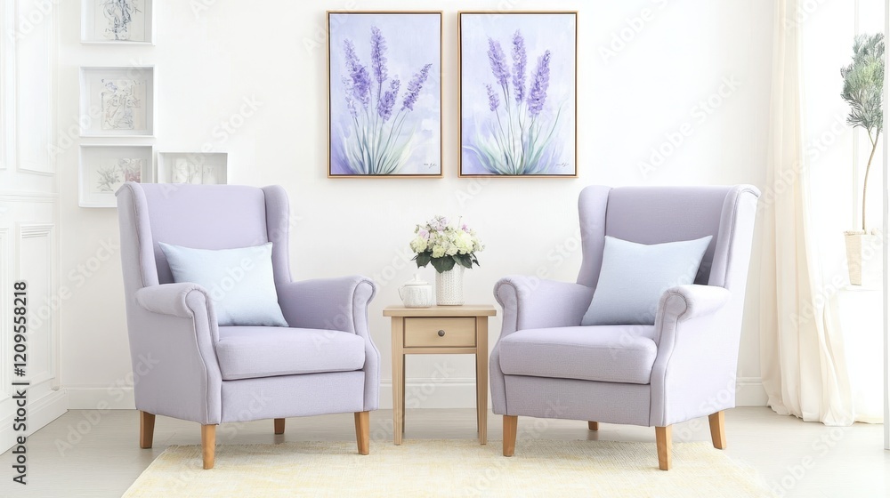 A Lavender Haven: Two plush, wingback armchairs in a soft lavender hue, adorned with pale blue throw pillows, create a cozy and inviting atmosphere. A delicate floral arrangement graces a side table. A Lavender Haven: Two plush, wingback armchairs in a soft lavender hue, adorned with pale blue throw pillows, create a cozy and inviting atmosphere. A delicate floral arrangement graces a side table.