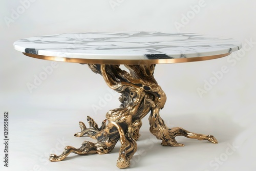 Modern coffee table featuring a round marble top and an intricate bronze base designed to resemble tree roots, adding a touch of nature inspired elegance to interior design photo