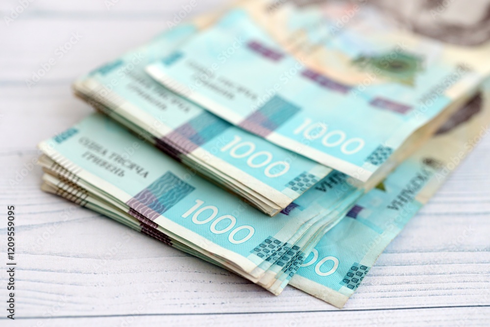 Big amount of ukrainian new one hundred hryvnia money bills with modern design on white wooden table. Financial concept, business Big amount of ukrainian new one hundred hryvnia money bills with modern design on white wooden table. Financial concept, business
