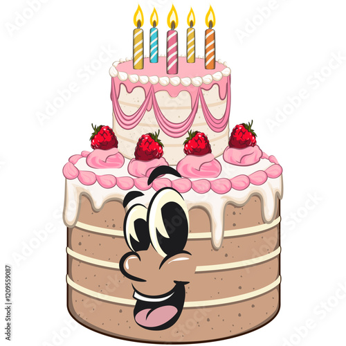 cute birthday and weading tart cake cartoon character mascot, work of hand drawn