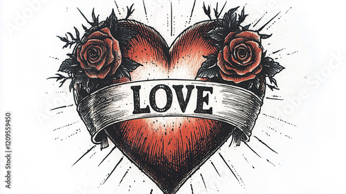 A bold tattoo-style heart wrapped in a banner with 