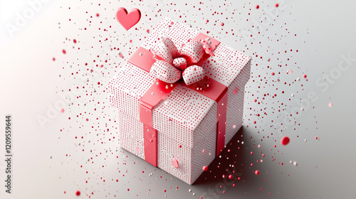 A charming polka dot gift box wrapped with a vibrant red ribbon and heart-shaped bow, surrounded by scattered red dots and a floating heart on a soft neutral background for Valentine's Day. photo