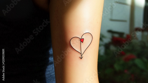 A minimalist tattoo featuring a black-outlined heart with a small red heart accent and an arrow element, symbolizing love and simplicity in a clean Valentine's Day-inspired design. photo