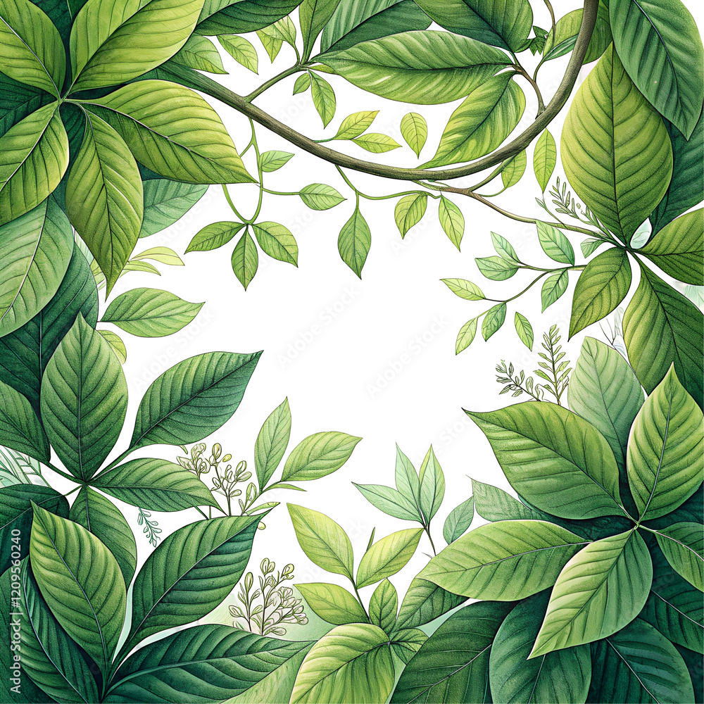 Fototapeta premium Green leaves forming a natural frame isolated on white background. transparent.