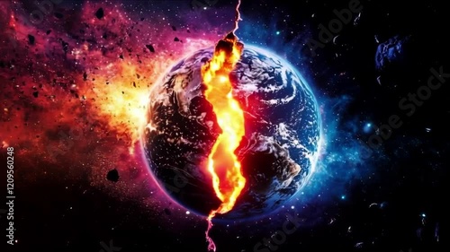 Wallpaper Mural A visually striking depiction of a split earth exploding amidst a cosmic explosion of colors and asteroids. Torontodigital.ca