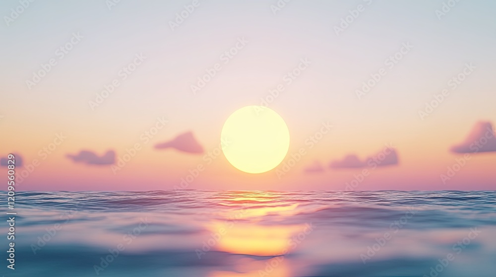 Serene sunset over tranquil ocean waters with soft clouds, evoking calmness and peace Serene sunset over tranquil ocean waters with soft clouds, evoking calmness and peace