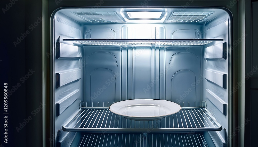 An empty plate in an empty fridge. An empty plate in an empty fridge.