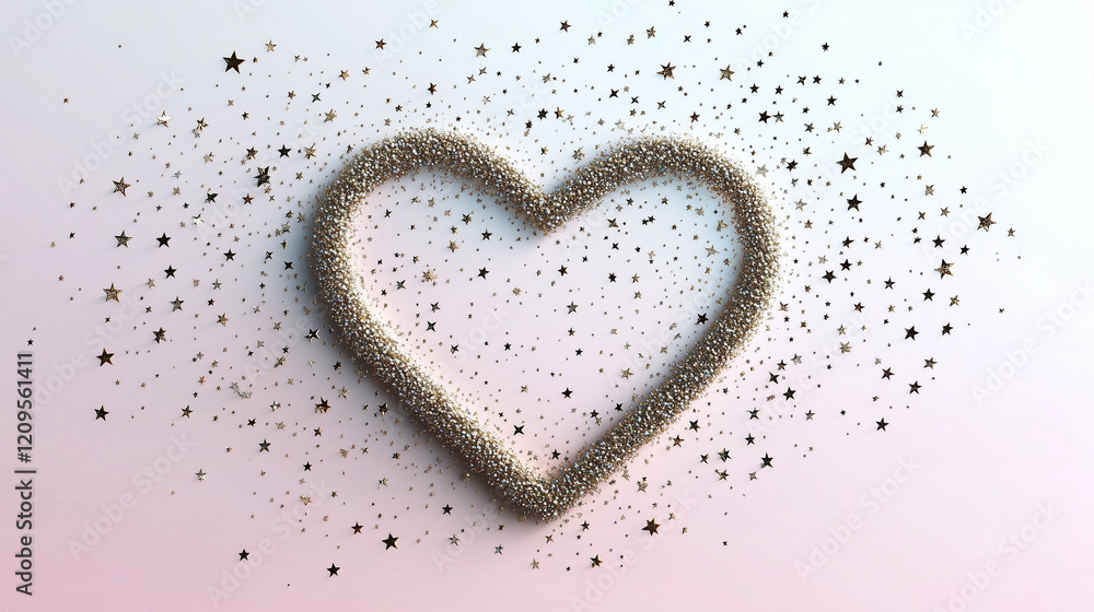 A shimmering heart composed of golden and silver sparkles surrounded by scattered stars on a soft gradient pastel background, radiating a romantic and magical Valentine's Day atmosphere. A shimmering heart composed of golden and silver sparkles surrounded by scattered stars on a soft gradient pastel background, radiating a romantic and magical Valentine's Day atmosphere.