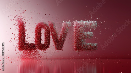 The word LOVE is shown in bold 3D typography, gradually disintegrating into small red particles, set against a gradient red and pink background, evoking a dramatic and romantic Valentine’s Day concept photo