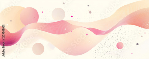 Soft pink and beige abstract waves with circles and dots create calming visual effect. This design evokes sense of tranquility and elegance, perfect for modern decor