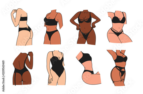 Linear set of female diverse silhouettes in black lingerie. Simple multiracial women figure in underwear. Abstract bodies concept. Outline design for print, poster, banner, social media template