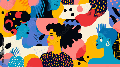 Silhouette profile group of men and women of diverse culture. Diversity multi-ethnic and multiracial people. Concept of racial equality and anti-racism. Multicultural society. Friendship