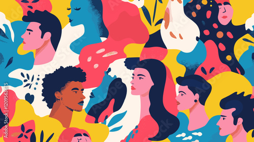 Silhouette profile group of men and women of diverse culture. Diversity multi-ethnic and multiracial people. Concept of racial equality and anti-racism. Multicultural society. Friendship