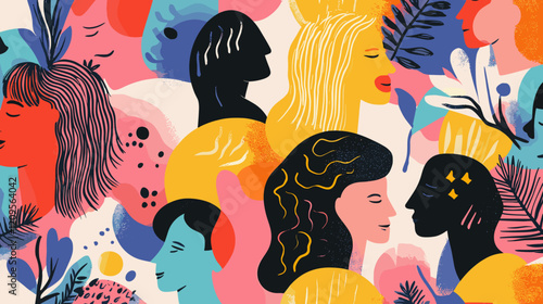 Silhouette profile group of men and women of diverse culture. Diversity multi-ethnic and multiracial people. Concept of racial equality and anti-racism. Multicultural society. Friendship