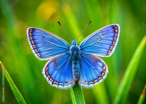 Blue Mazarin Butterfly on Green Meadow Grass - Spring Nature Close-up photo