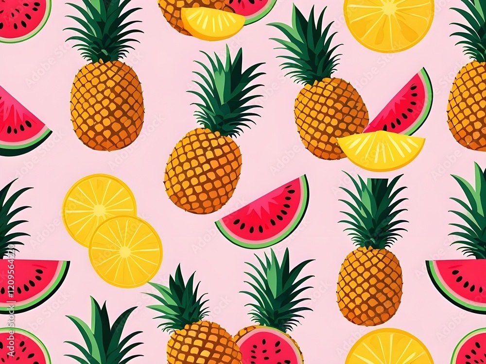 vibrant pineapples, watermelon slices, and orange segments on a pink background vibrant pineapples, watermelon slices, and orange segments on a pink background