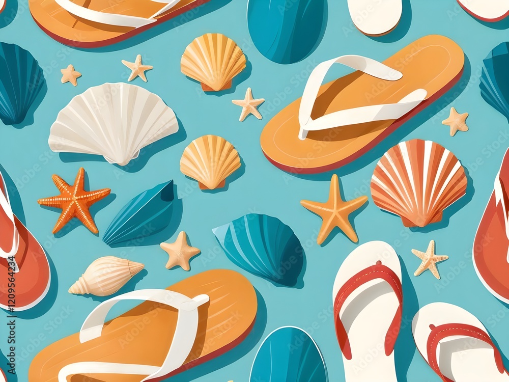 Naklejka premium Seashells and starfish scattered on a turquoise surface next to a pair of orange and white flip flops