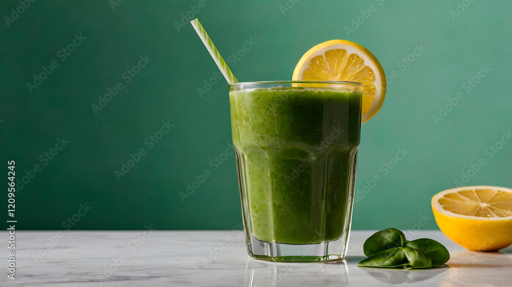 Fototapeta premium Smoothie spinach juice garnished with a lemon slice on a white table and green background
