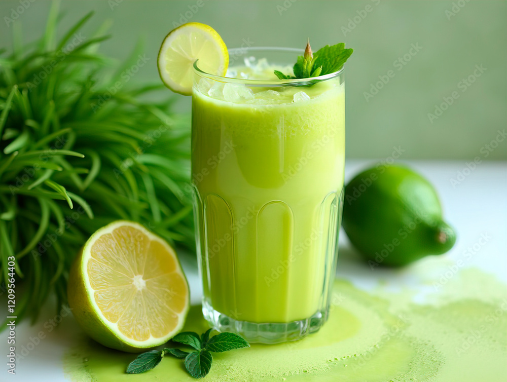 Fototapeta premium Smoothie spinach juice garnished with a lemon slice on a white table and green background