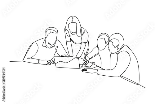 simple continuous line draw of work together in business team work. Business team work minimalist concept.