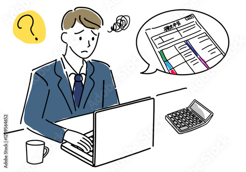 確定申告で困る男性のシンプル線画