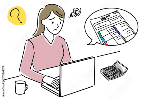 確定申告で困る女性のシンプル線画