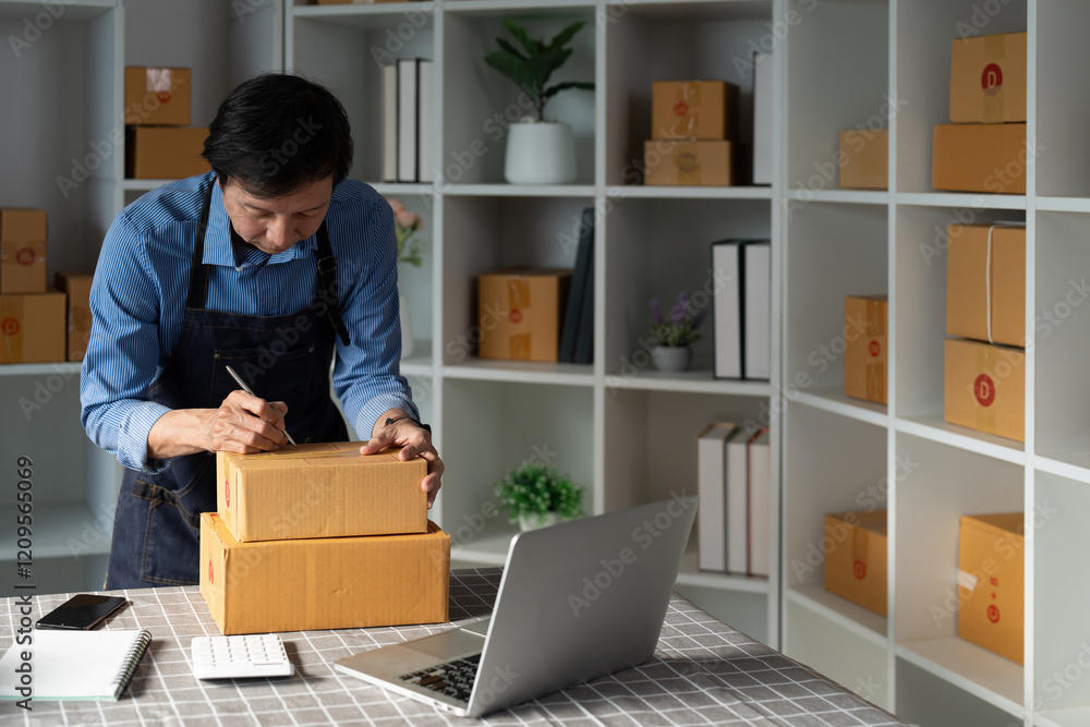 Focused small business owner labeling packages while managing e-business tasks in a startup workspace Focused small business owner labeling packages while managing e-business tasks in a startup workspace