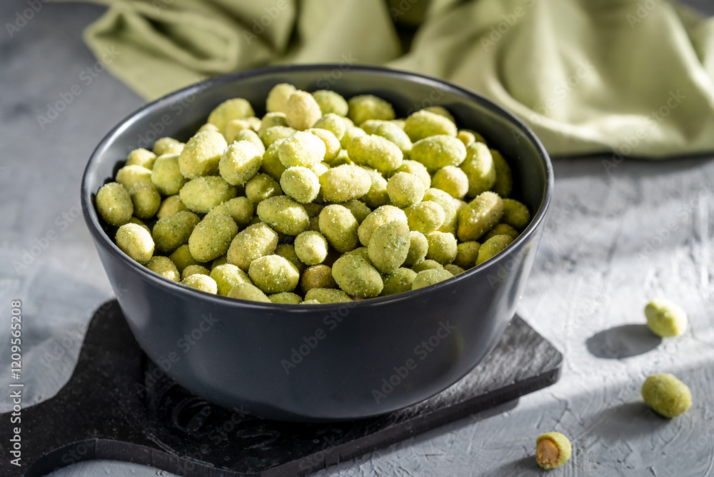 A black bowl of wasabi-coated peanuts placed on a dark serving board, with a green napkin in the background on a textured gray surface A black bowl of wasabi-coated peanuts placed on a dark serving board, with a green napkin in the background on a textured gray surface