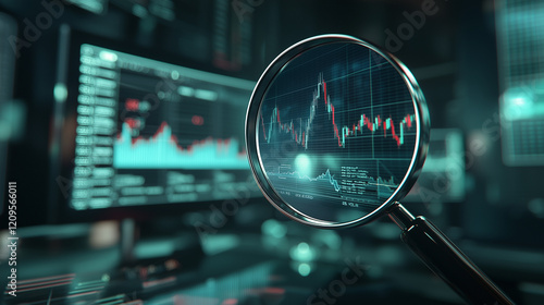 Magnifying glass focusing on a financial chart with rising lines, emphasizing analysis and data