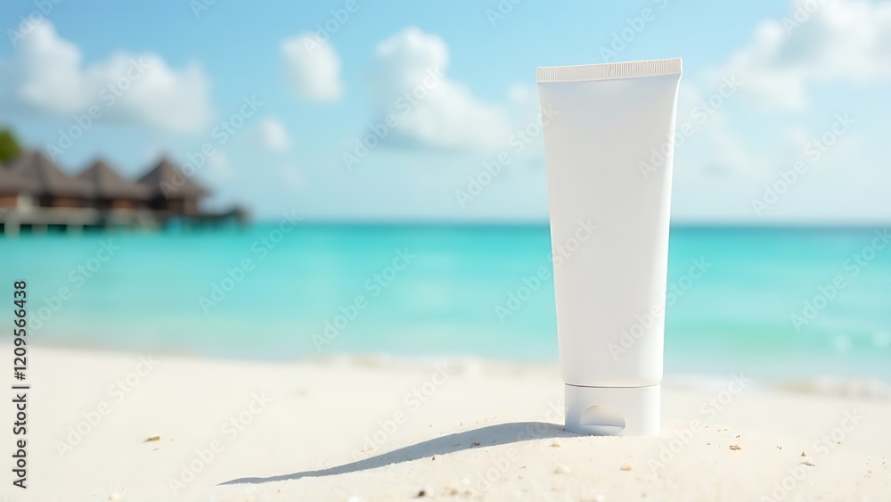 A tube of white cosmetic cream without labels, the tube remains on the beach sand, the background is the sea. A tube of white cosmetic cream without labels, the tube remains on the beach sand, the background is the sea.