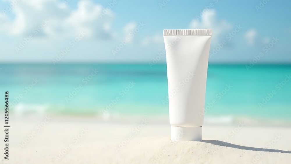 A tube of white cosmetic cream without labels, the tube remains on the beach sand, the background is the sea. A tube of white cosmetic cream without labels, the tube remains on the beach sand, the background is the sea.