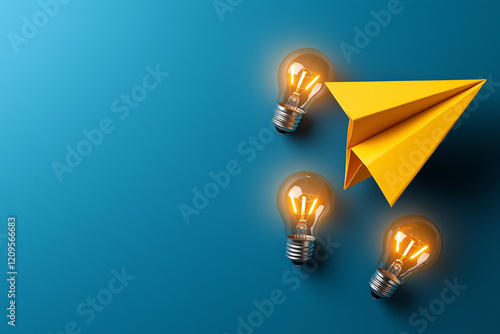 Innovative ai generates bright ideas yellow paper airplane and light bulbs over blue background