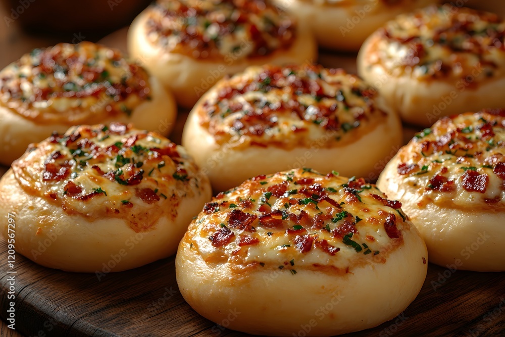 Delicious Savory Bacon Cheese Buns on Wooden Board for Culinary Display Delicious Savory Bacon Cheese Buns on Wooden Board for Culinary Display