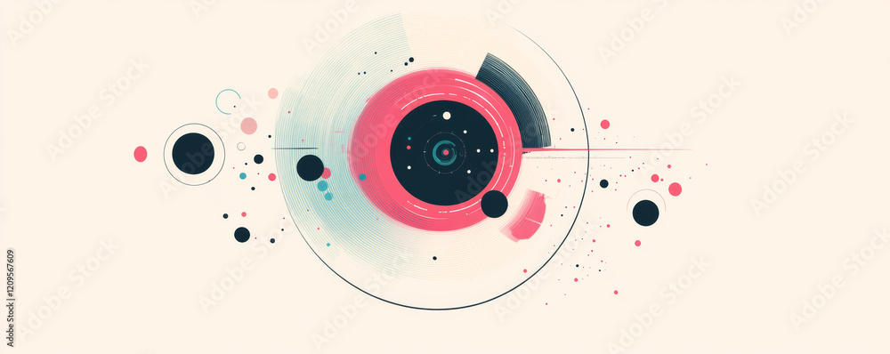 Obraz premium Abstract design featuring circular shapes and vibrant colors, showcasing technology and creativity. composition includes various sizes of circles and dots, creating modern aesthetic